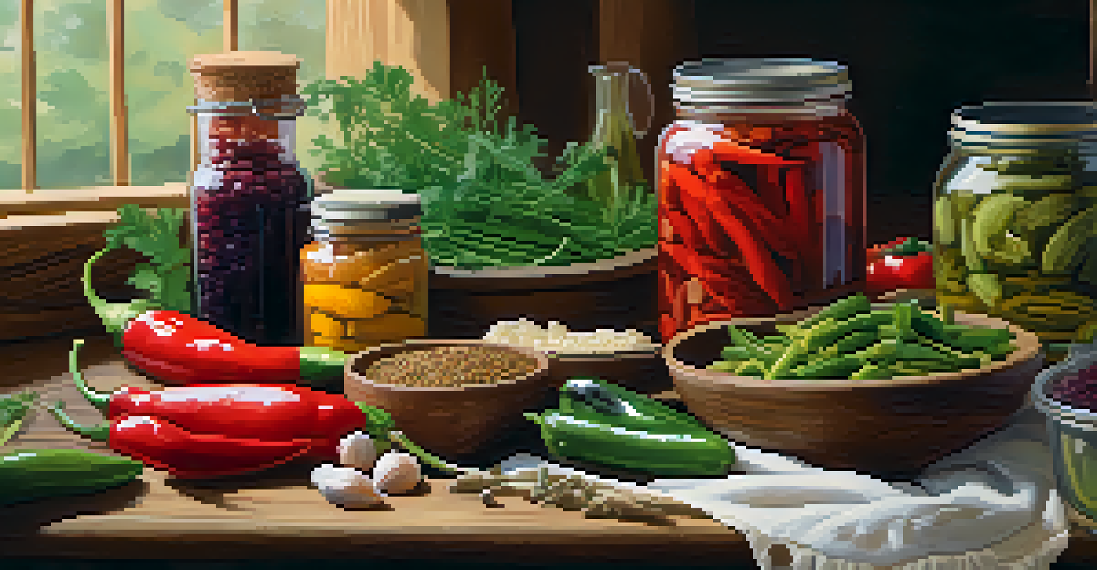 A rustic table with a spread of colorful fermented vegetables, spices, and herbs, creating an inviting atmosphere.