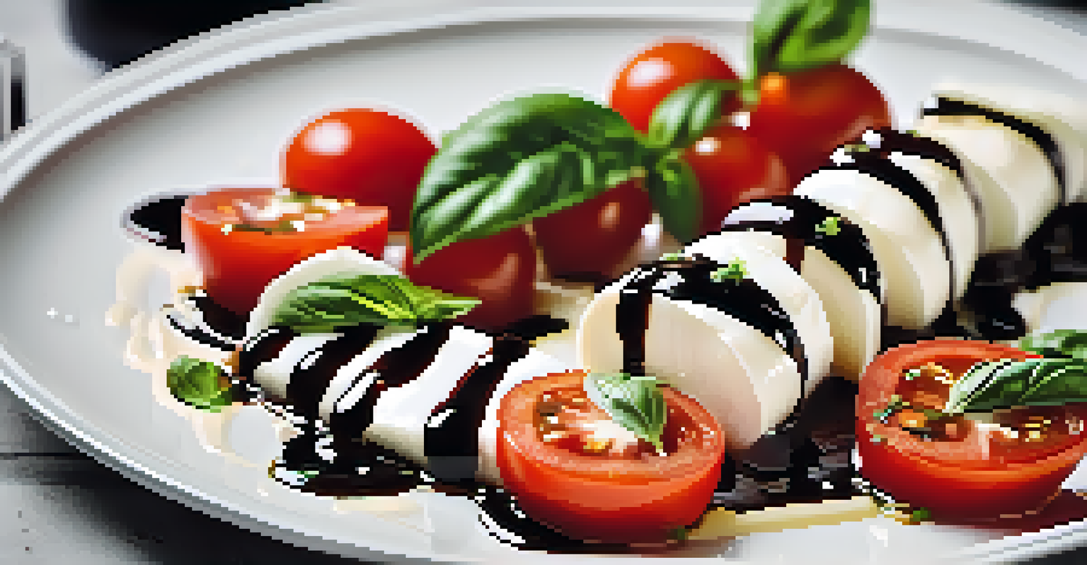 A caprese salad with tomatoes, basil, and mozzarella cheese elegantly plated with balsamic glaze.