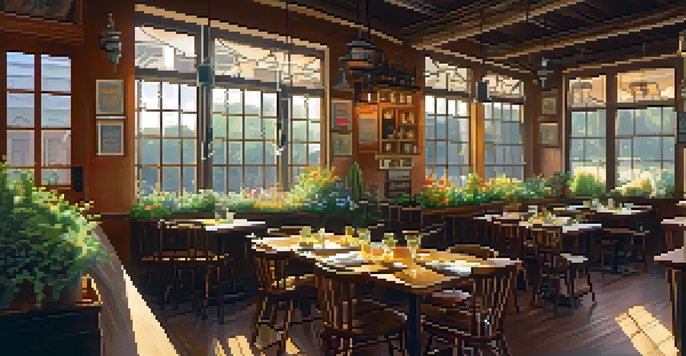 A warm and inviting vegetarian restaurant with wooden tables and colorful plants, filled with patrons enjoying their meals.