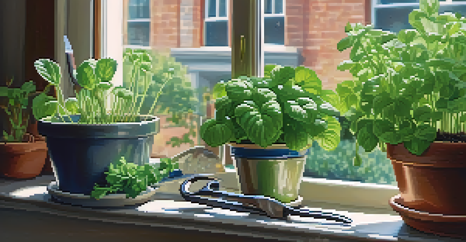 A close-up of a vibrant herb garden on a windowsill with basil, mint, and chives, glistening in sunlight.