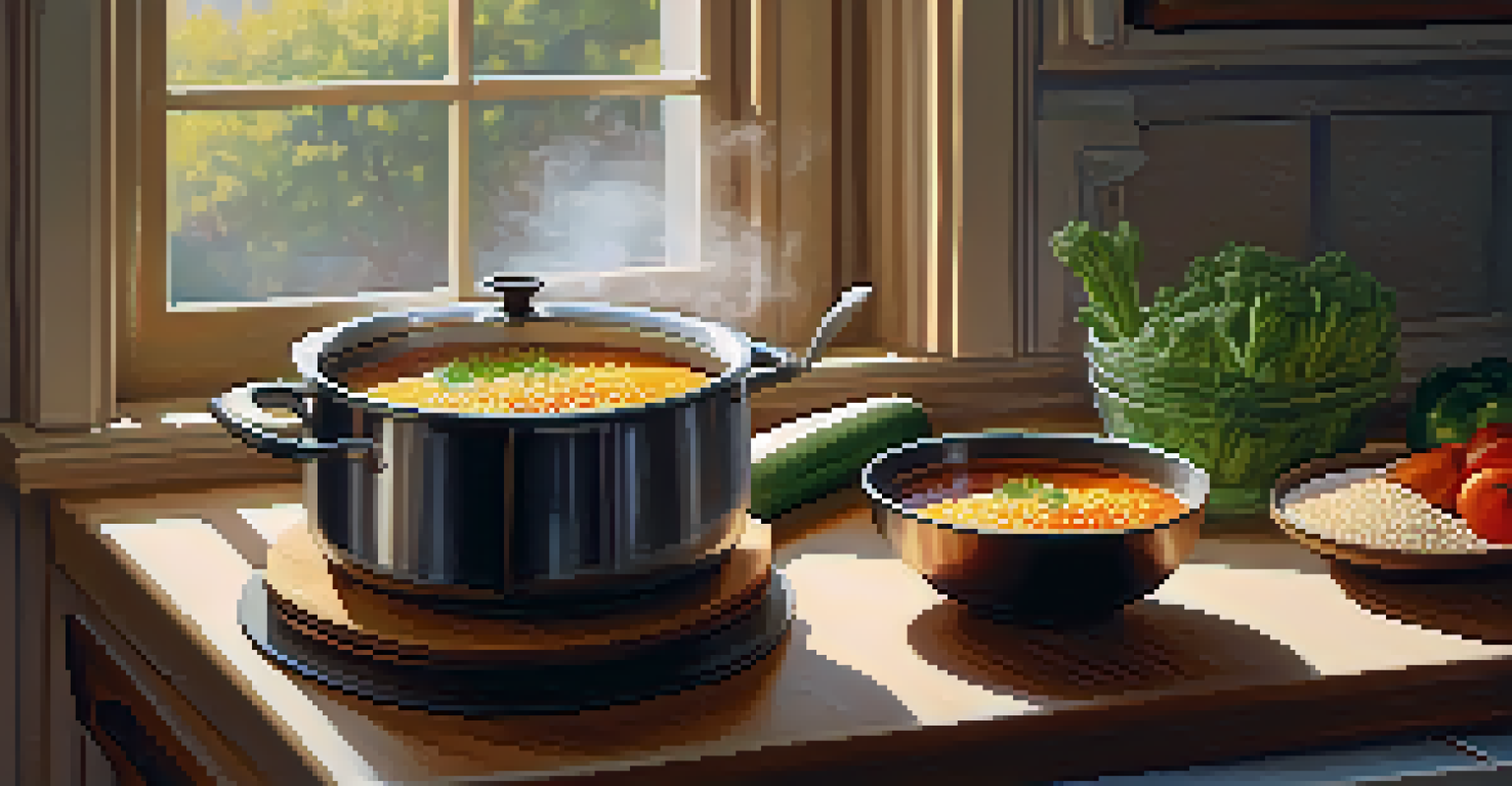 A pot of vegetable soup on the stove with millet being added, surrounded by fresh vegetables in a warm kitchen.