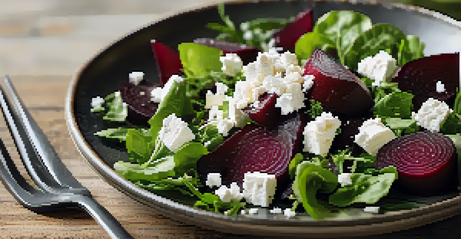 A plate of roasted beet salad with goat cheese and mixed greens in a cozy kitchen setting.