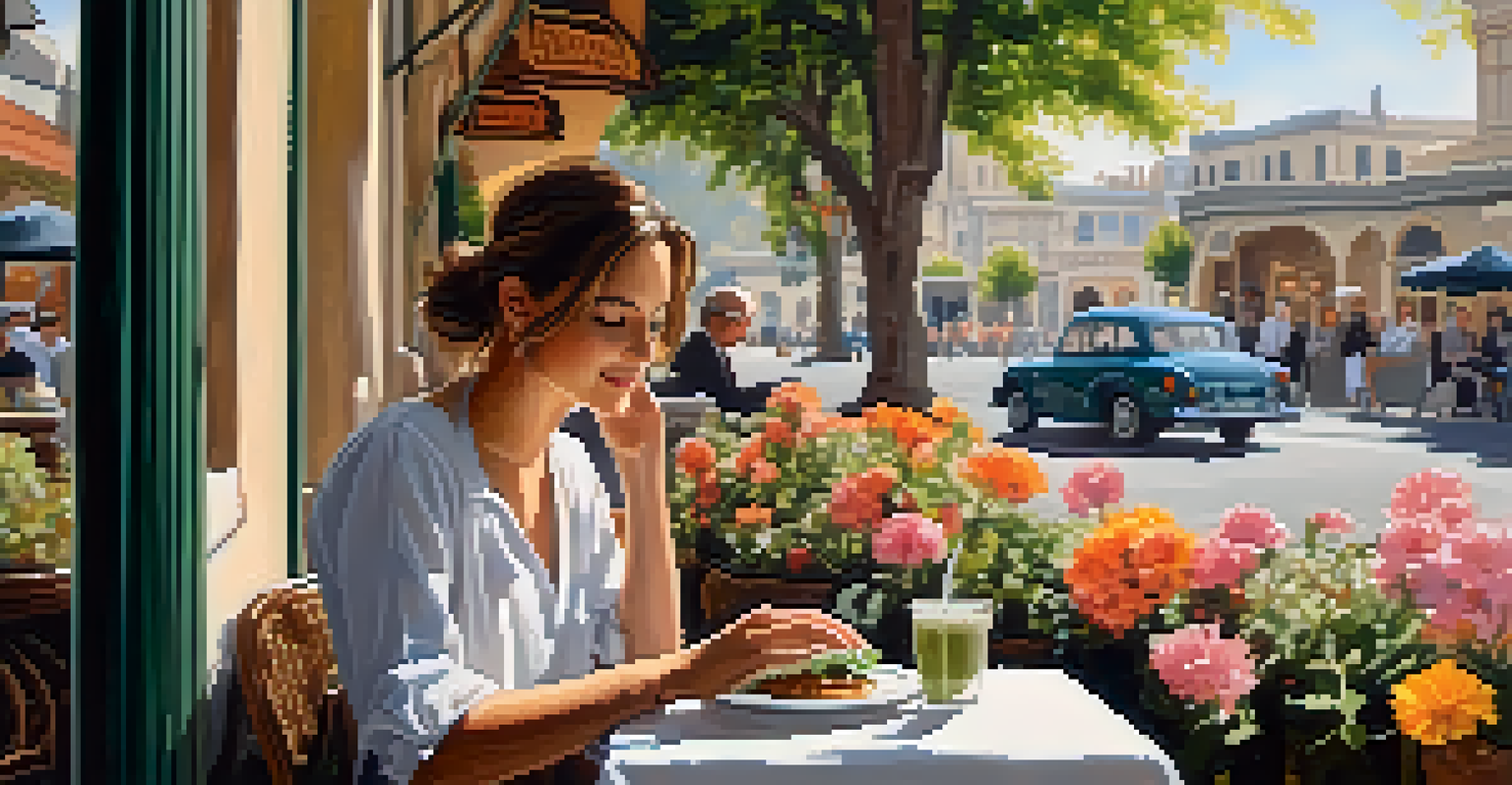 A traveler at an outdoor café reviewing a menu with vegetarian options, surrounded by plants and other diners in a sunny setting.