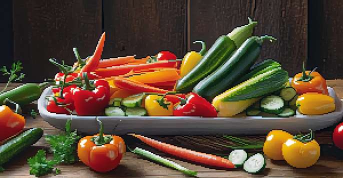 A vibrant vegetable platter with assorted colorful veggies and zesty dips on a wooden table.