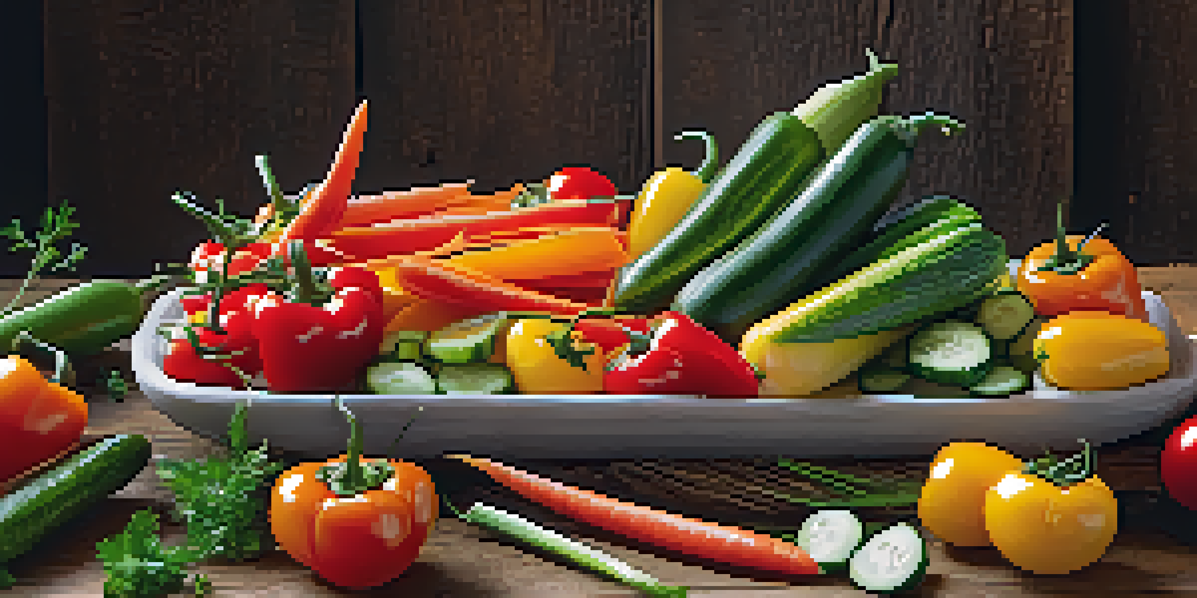 A vibrant vegetable platter with assorted colorful veggies and zesty dips on a wooden table.