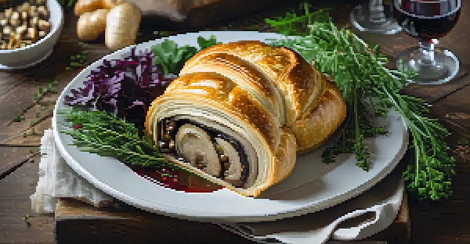 A Mushroom Wellington served on a wooden table with herbs, red wine, and roasted vegetables.
