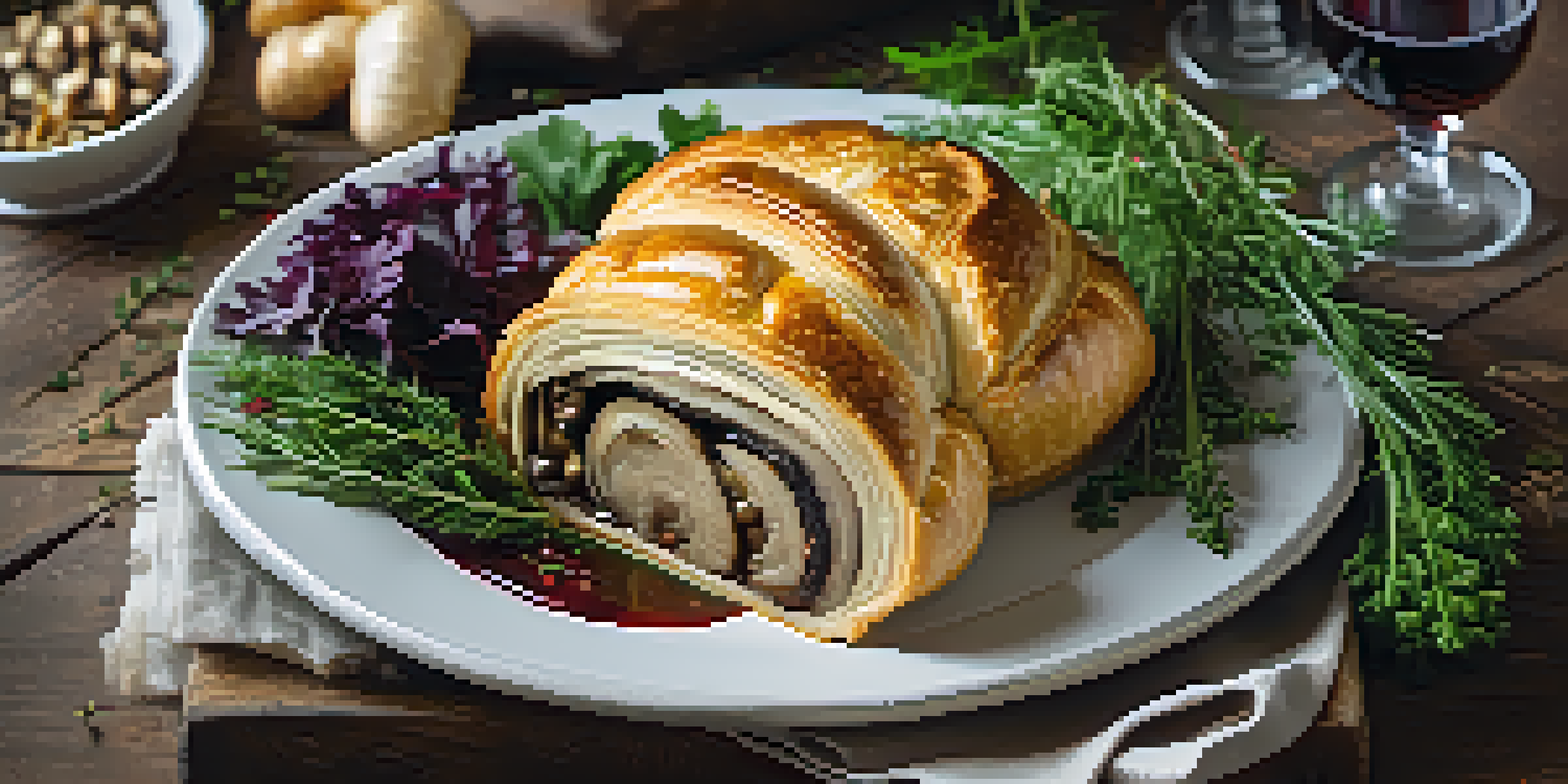 A Mushroom Wellington served on a wooden table with herbs, red wine, and roasted vegetables.