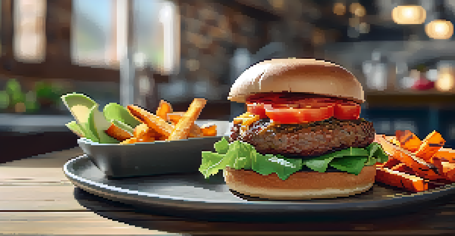 A plated meal with a Beyond Burger topped with fresh vegetables and sweet potato fries, set on a wooden table in a sunny kitchen.