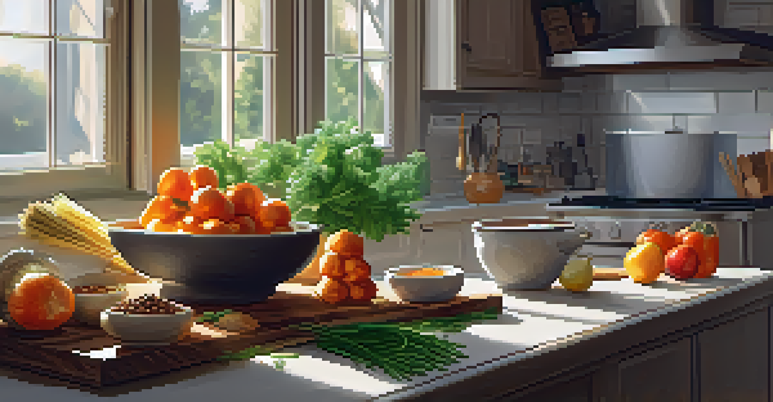 A cozy kitchen with a wooden cutting board of colorful vegetables and spices, sunlight streaming through a window.