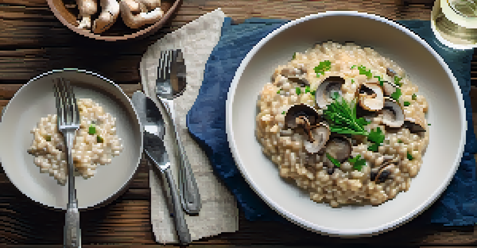 A close-up of creamy wild mushroom risotto garnished with herbs, with a glass of white wine beside it.