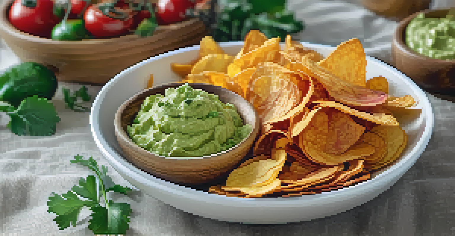 A bowl of vegetable chips and guacamole on a rustic table, elegantly presented.