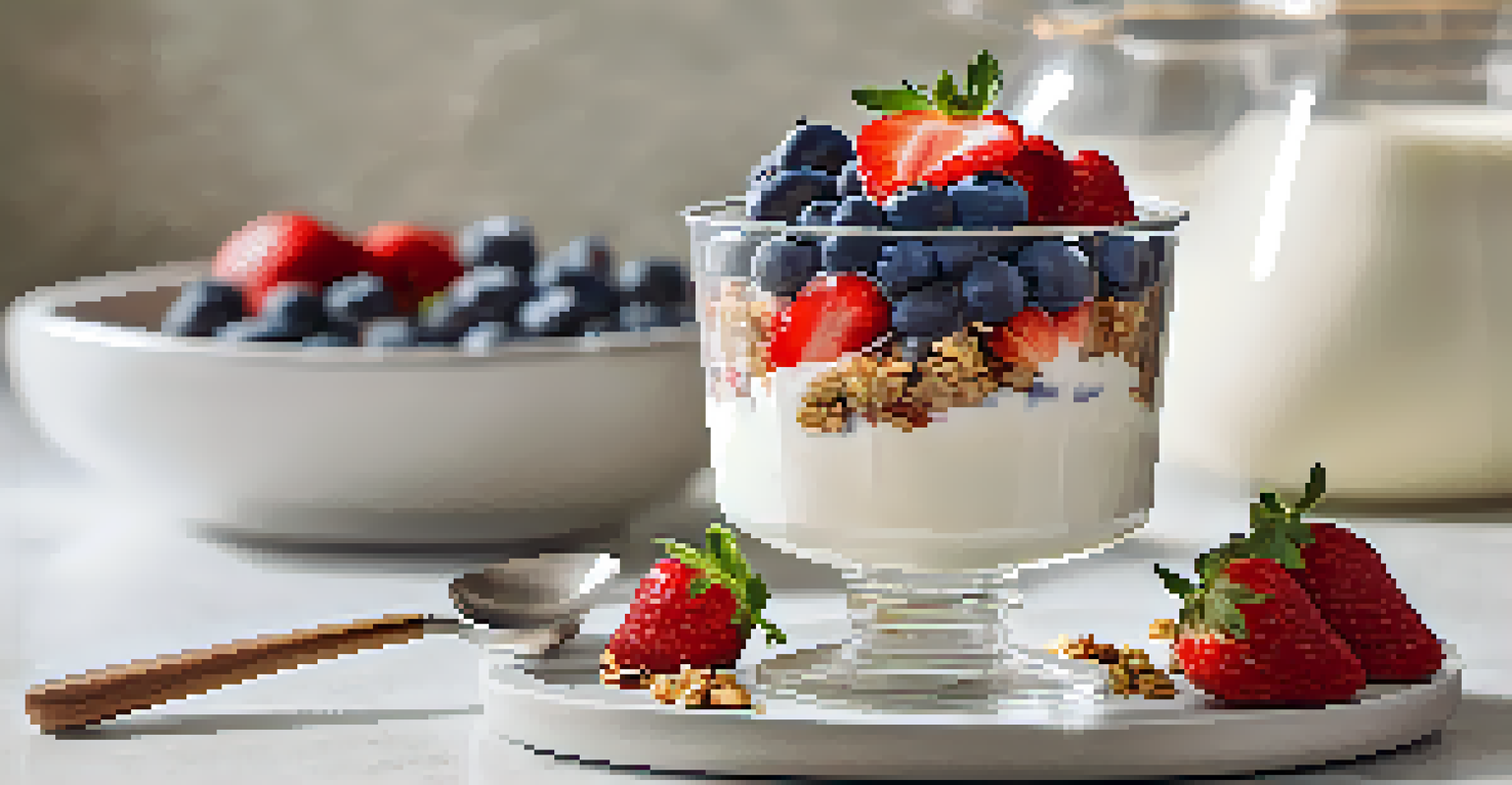 A layered Greek yogurt parfait with strawberries, blueberries, and granola in a clear glass.