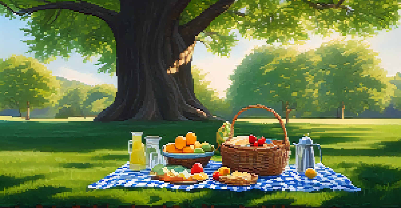 A peaceful outdoor picnic scene under an oak tree, featuring a checkered blanket with a basket of plant-based snacks and refreshing lemonade.