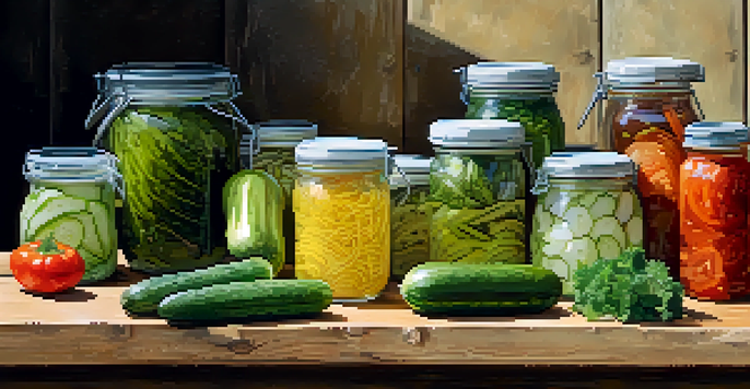 A colorful arrangement of fermented vegetables including sauerkraut, kimchi, and pickles on a wooden table with natural lighting.