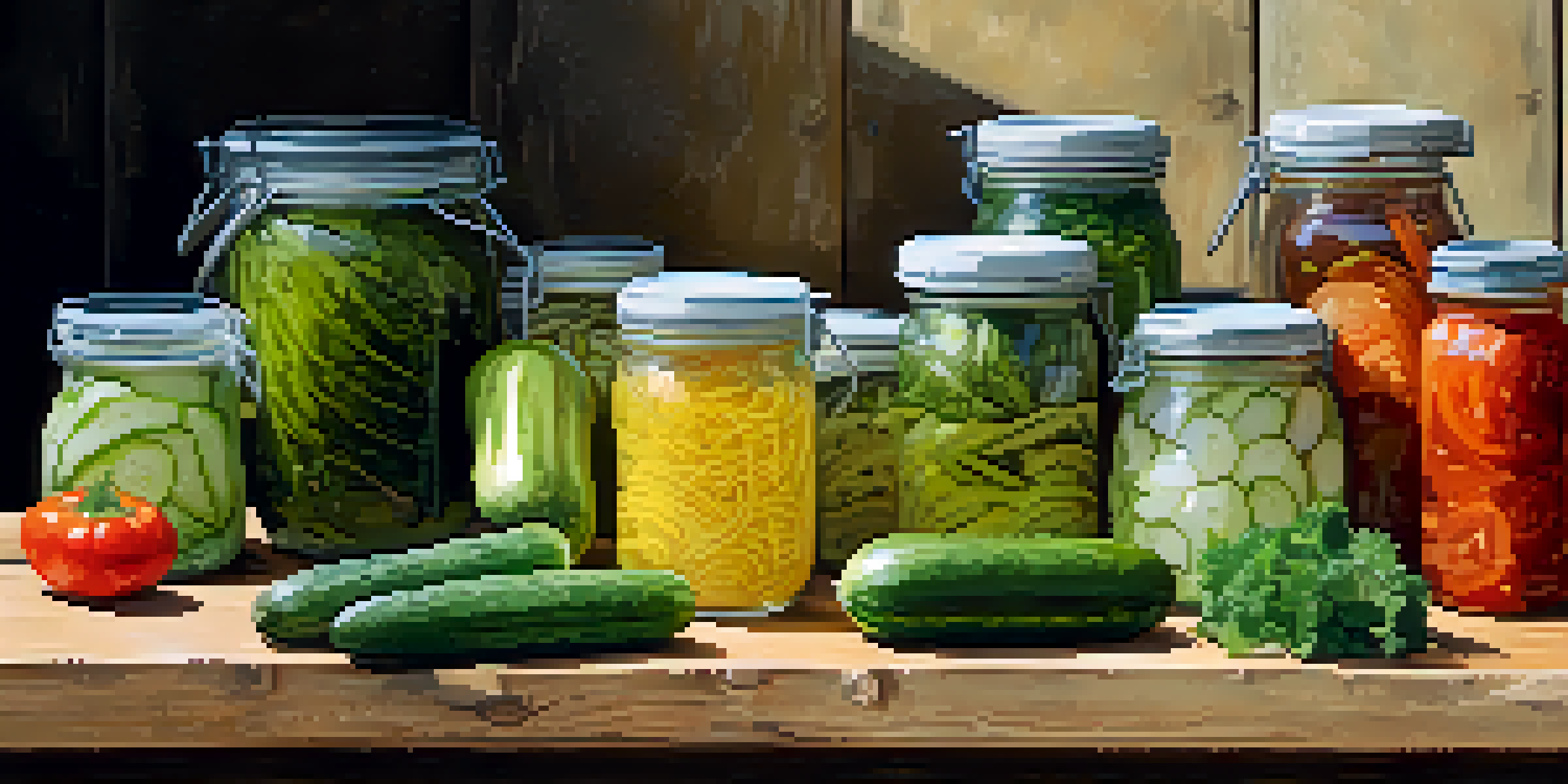 A colorful arrangement of fermented vegetables including sauerkraut, kimchi, and pickles on a wooden table with natural lighting.