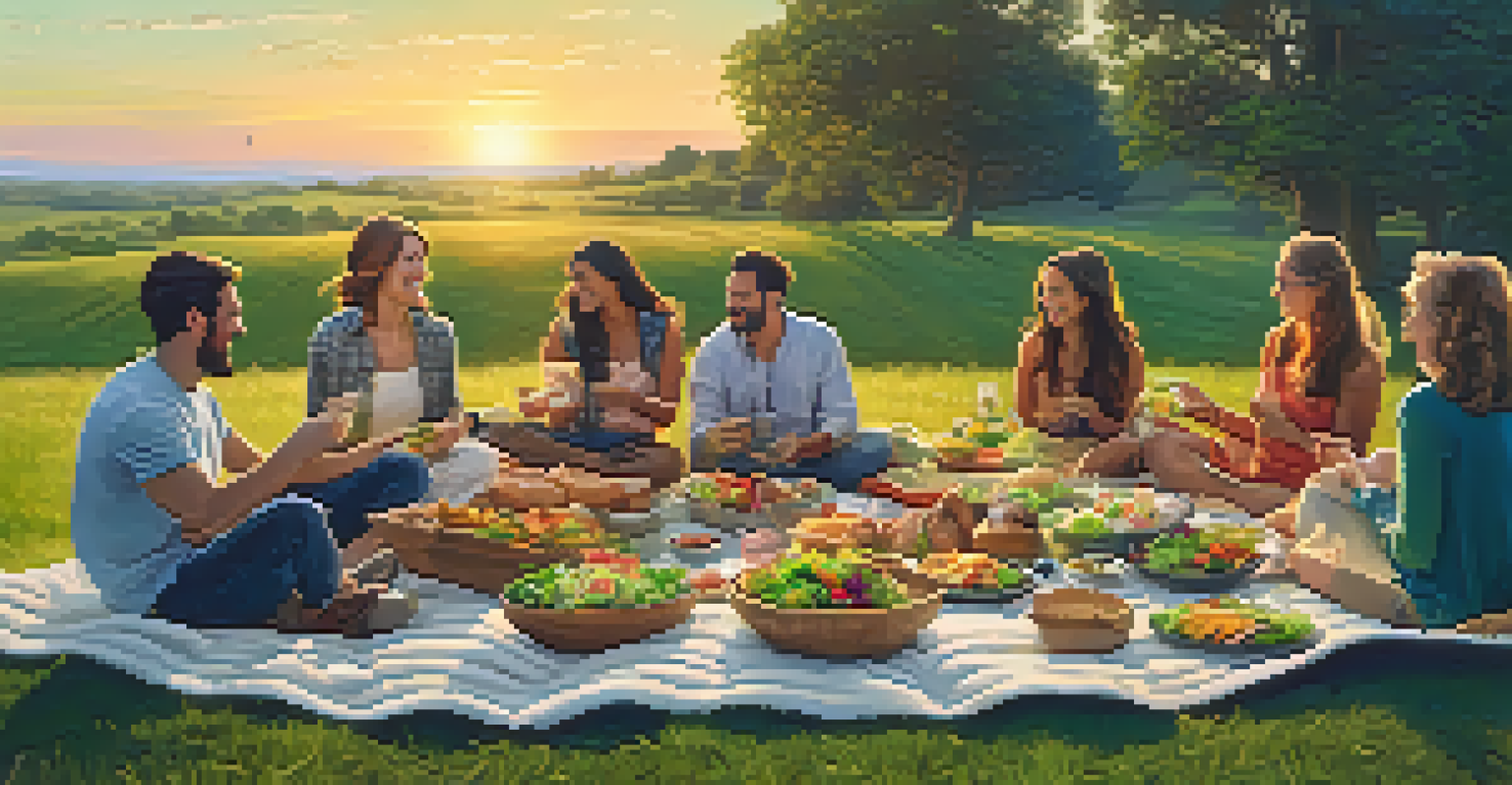 A group of friends enjoying a vegetarian picnic on a sunny day, surrounded by food and laughter.