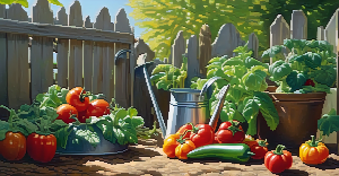 A colorful vegetable garden with tomatoes, peppers, and leafy greens under sunlight, featuring a wooden fence and a watering can.