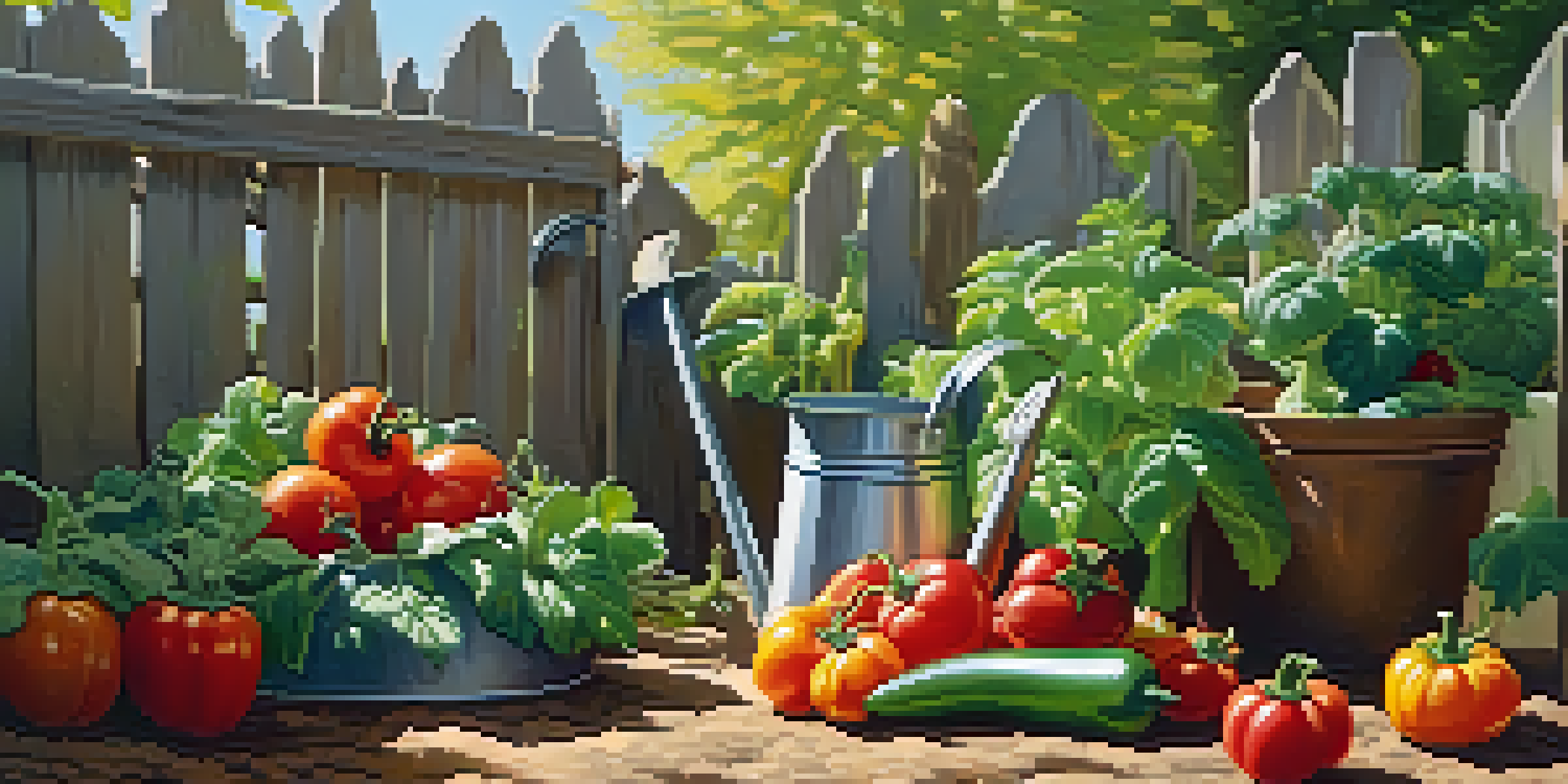 A colorful vegetable garden with tomatoes, peppers, and leafy greens under sunlight, featuring a wooden fence and a watering can.