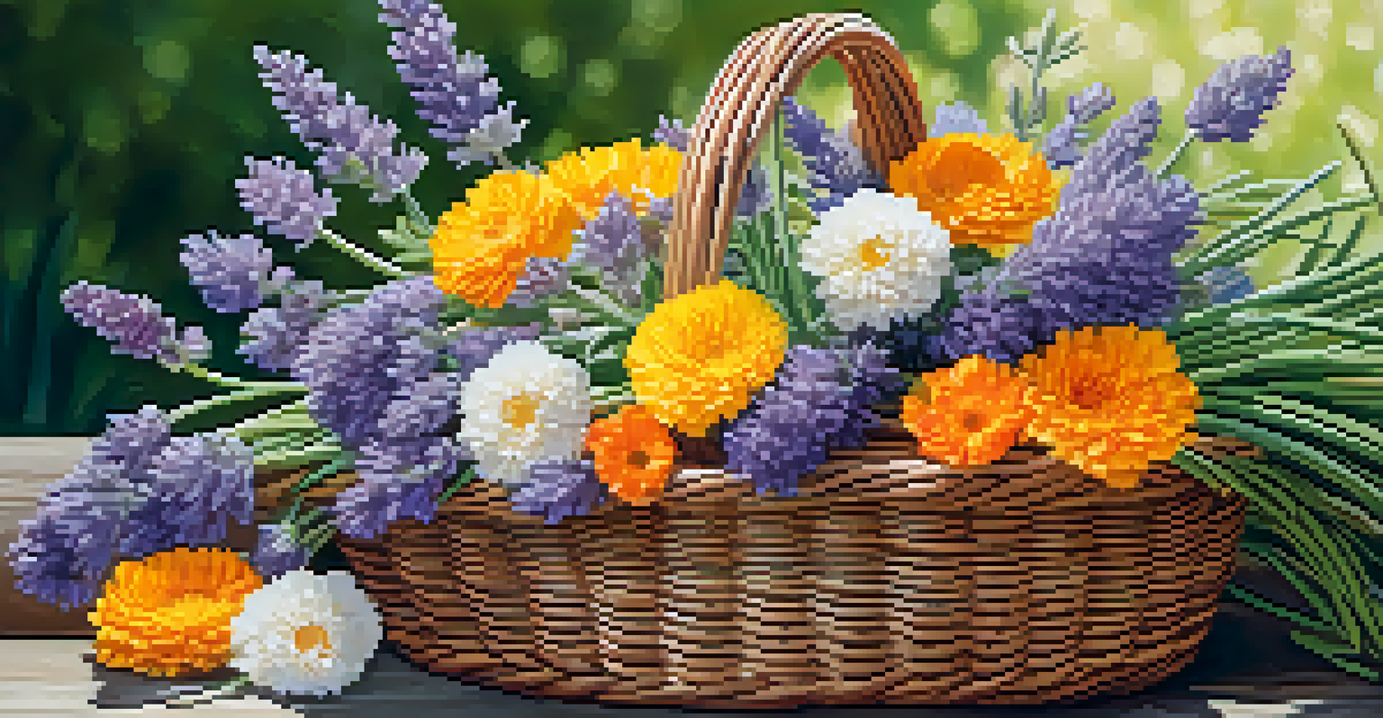 A basket filled with freshly harvested edible flowers, set against a garden background with soft sunlight.