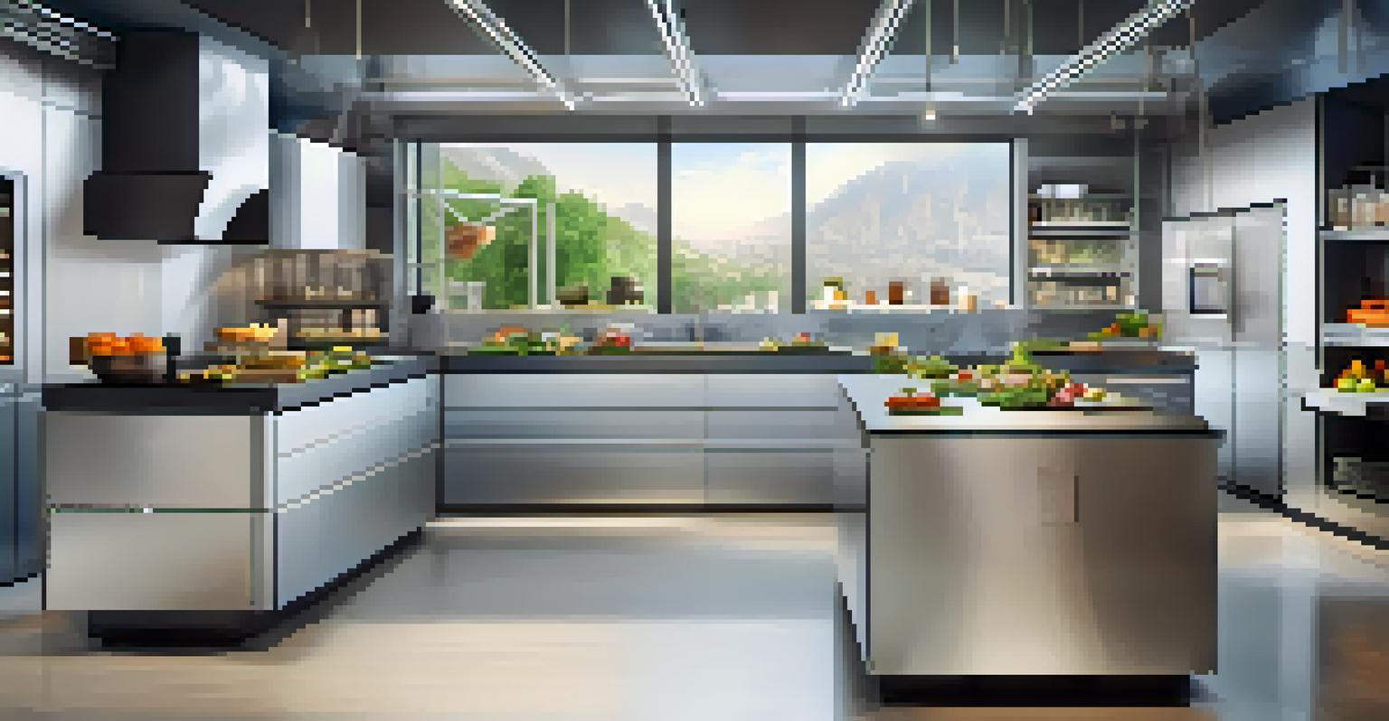 A chef in a modern kitchen using a 3D printer to create innovative vegetarian dishes, surrounded by fresh ingredients.