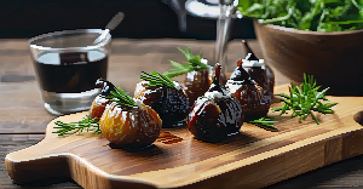 Stuffed dates on a wooden board, filled with cream cheese and garnished with herbs, beautifully presented.