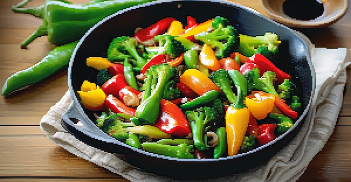 A colorful vegetable stir-fry in a pan with bell peppers, broccoli, and snap peas, served with a bowl of rice.