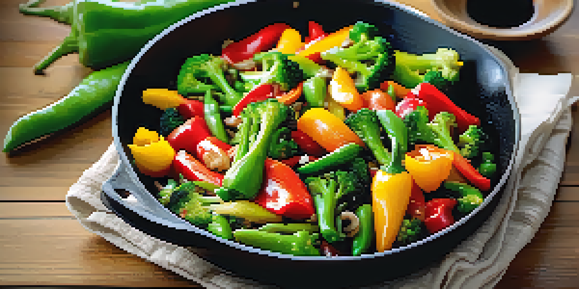 A colorful vegetable stir-fry in a pan with bell peppers, broccoli, and snap peas, served with a bowl of rice.