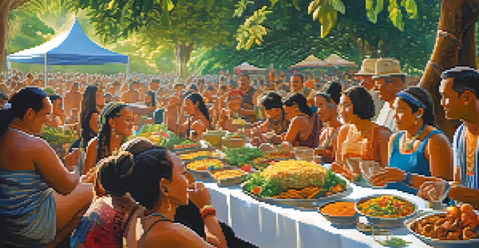 A lively Maori festival with participants enjoying a variety of traditional vegetarian dishes, surrounded by colorful decorations and natural scenery.