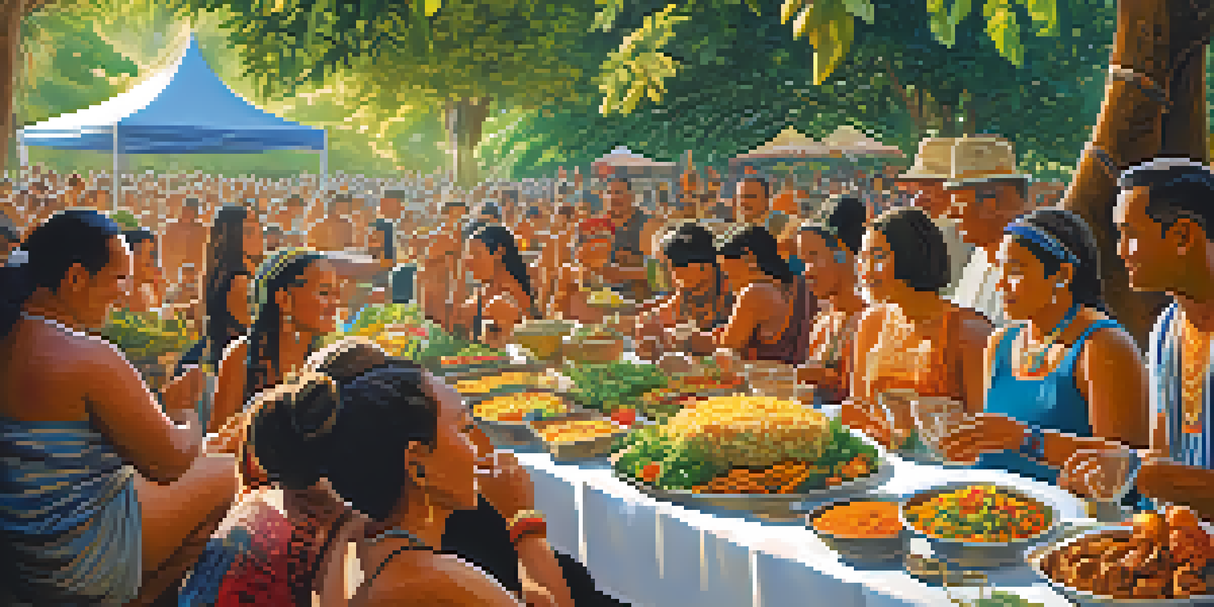 A lively Maori festival with participants enjoying a variety of traditional vegetarian dishes, surrounded by colorful decorations and natural scenery.