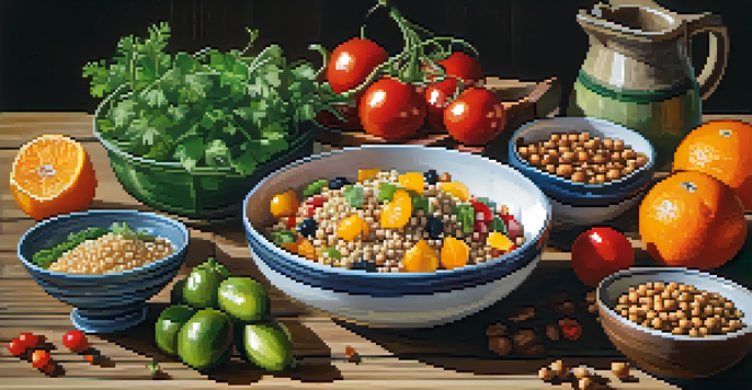 A colorful vegetarian meal laid out on a wooden table, showcasing quinoa salad, roasted chickpeas, and bright fruits.