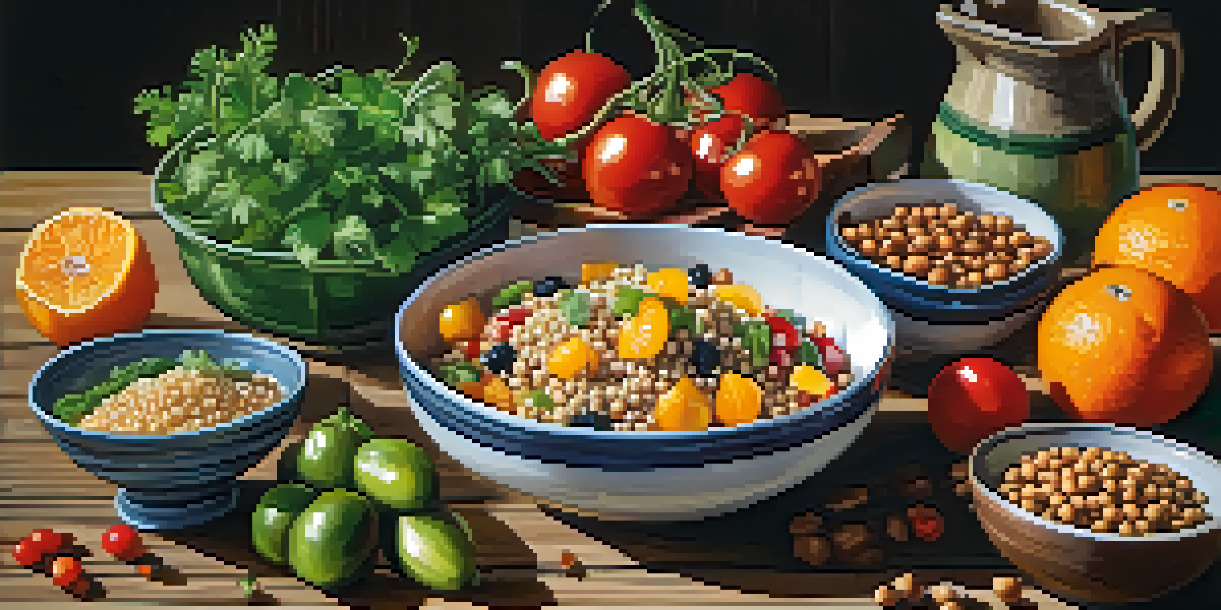 A colorful vegetarian meal laid out on a wooden table, showcasing quinoa salad, roasted chickpeas, and bright fruits.