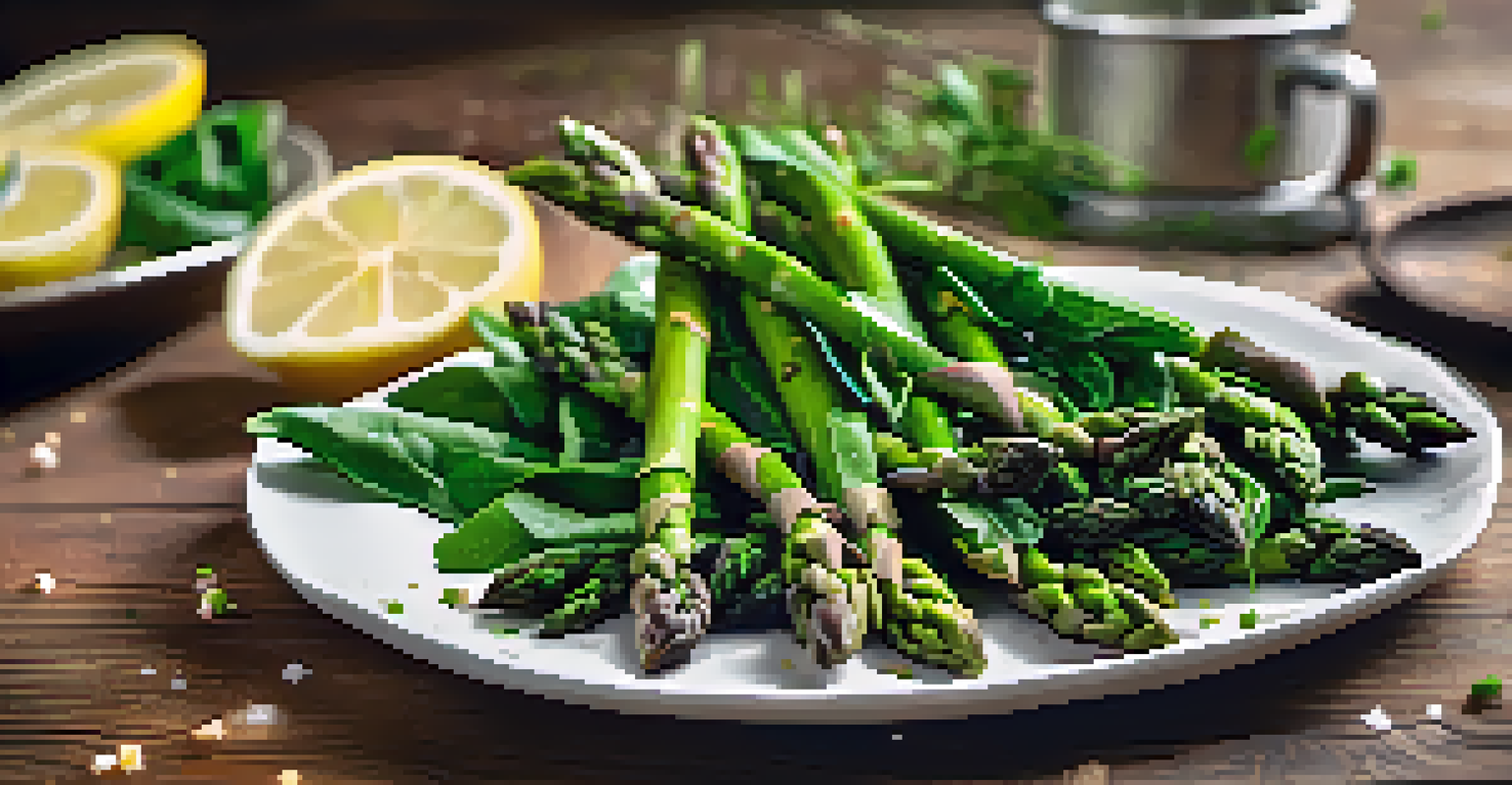 A close-up view of steamed asparagus and spinach on a white plate, garnished with herbs and a lemon wedge, set on a rustic wooden table.