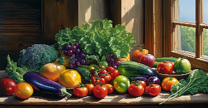 A variety of fresh fruits and vegetables displayed on a wooden table, illuminated by soft sunlight.