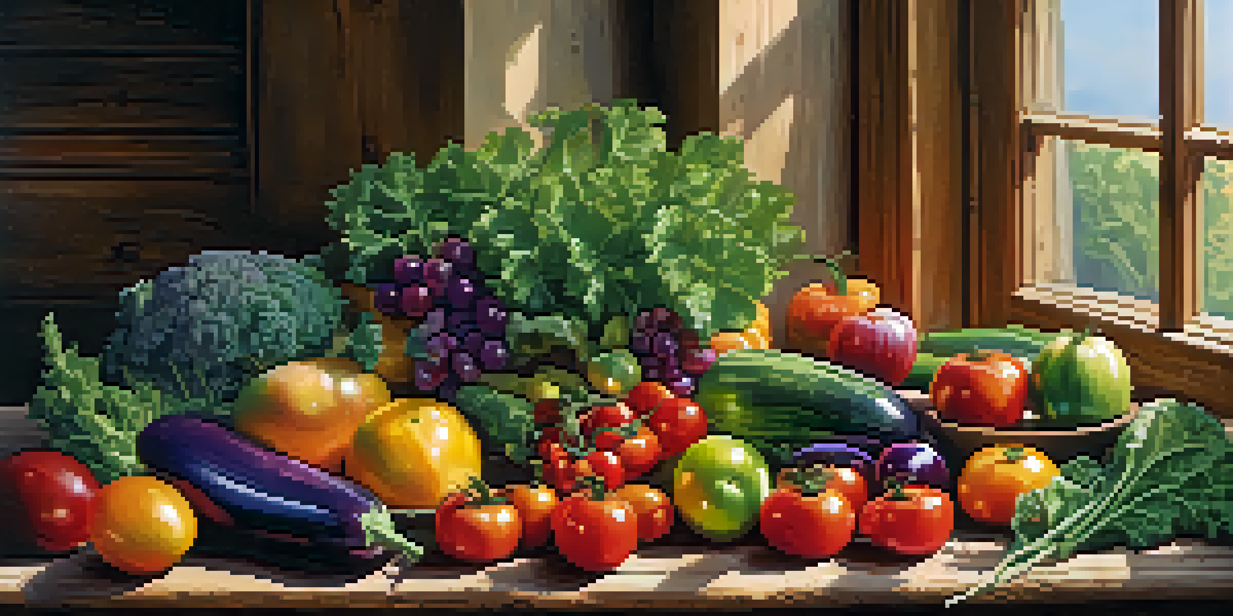 A variety of fresh fruits and vegetables displayed on a wooden table, illuminated by soft sunlight.