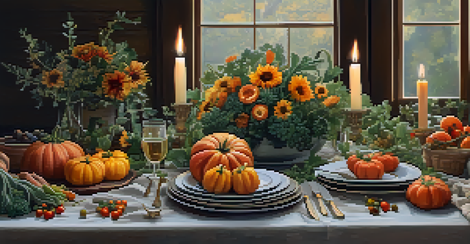 A rustic dinner table decorated with seasonal vegetables and warm candlelight, creating an inviting atmosphere.