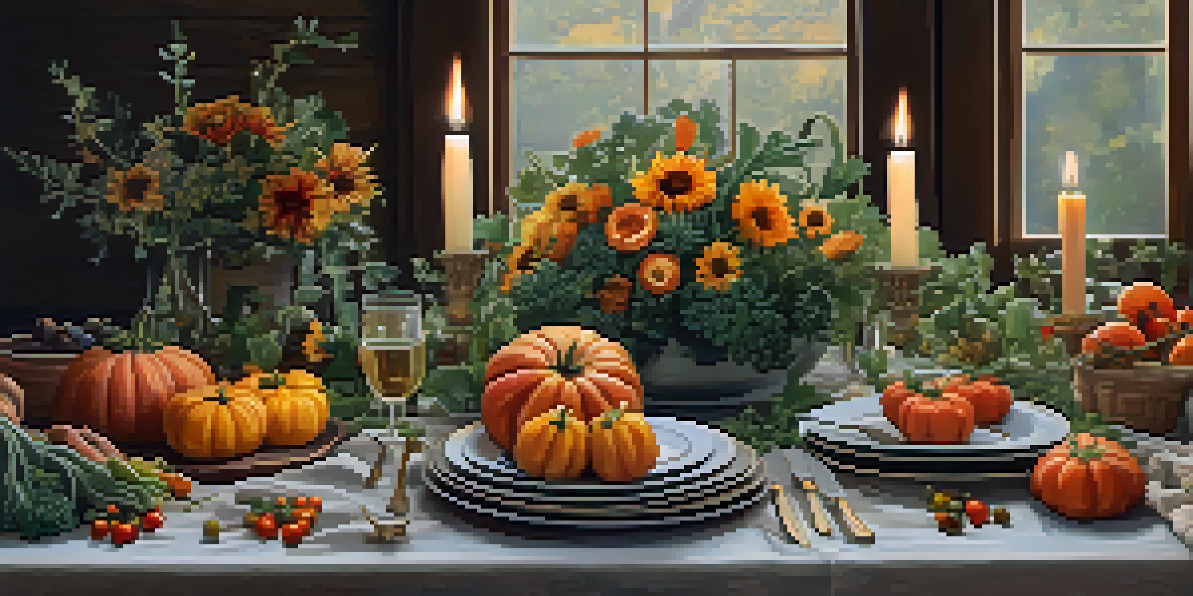 A rustic dinner table decorated with seasonal vegetables and warm candlelight, creating an inviting atmosphere.