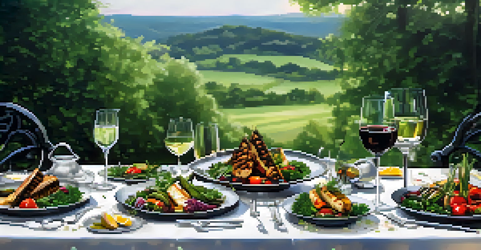 An outdoor dinner table featuring plated grilled vegetables with balsamic glaze and fresh herbs, set in a lush garden.