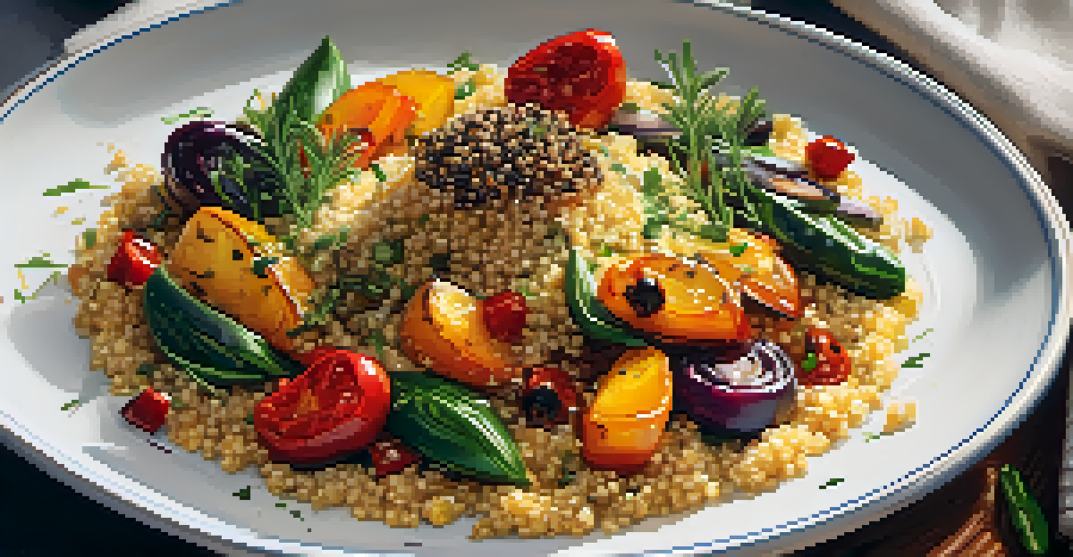 A close-up view of a colorful vegetarian dish with quinoa and roasted vegetables, presented elegantly.