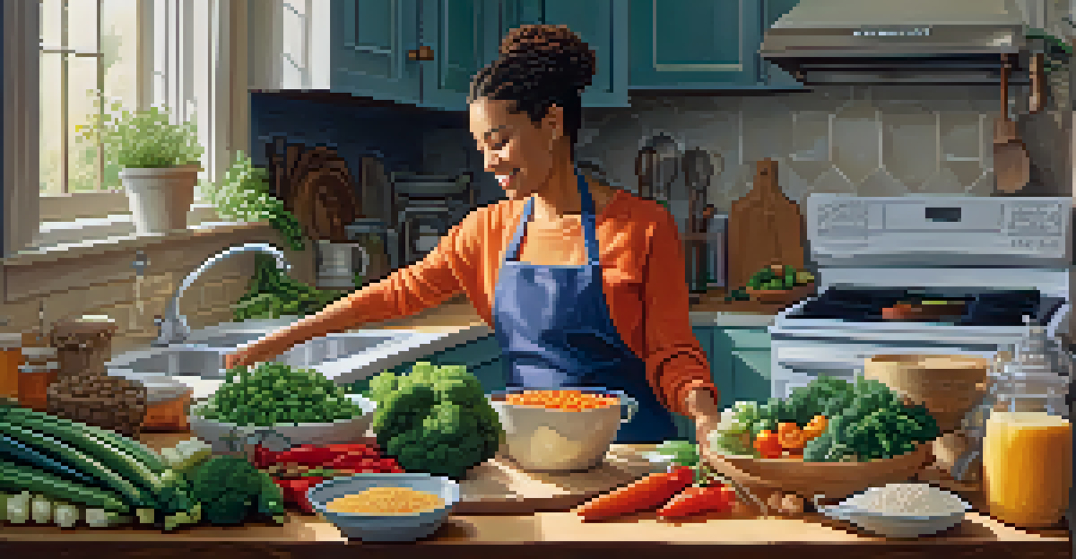 A vegetarian cooking in a cozy kitchen, surrounded by colorful vegetables, grains, and a box of fortified plant-based milk, with warm lighting creating a welcoming atmosphere.