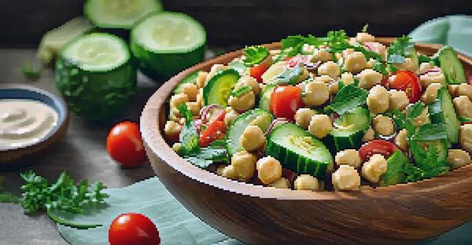 A colorful chickpea salad in a wooden bowl with cucumbers and tomatoes, dressed with lemon-tahini, set in a warmly lit kitchen.