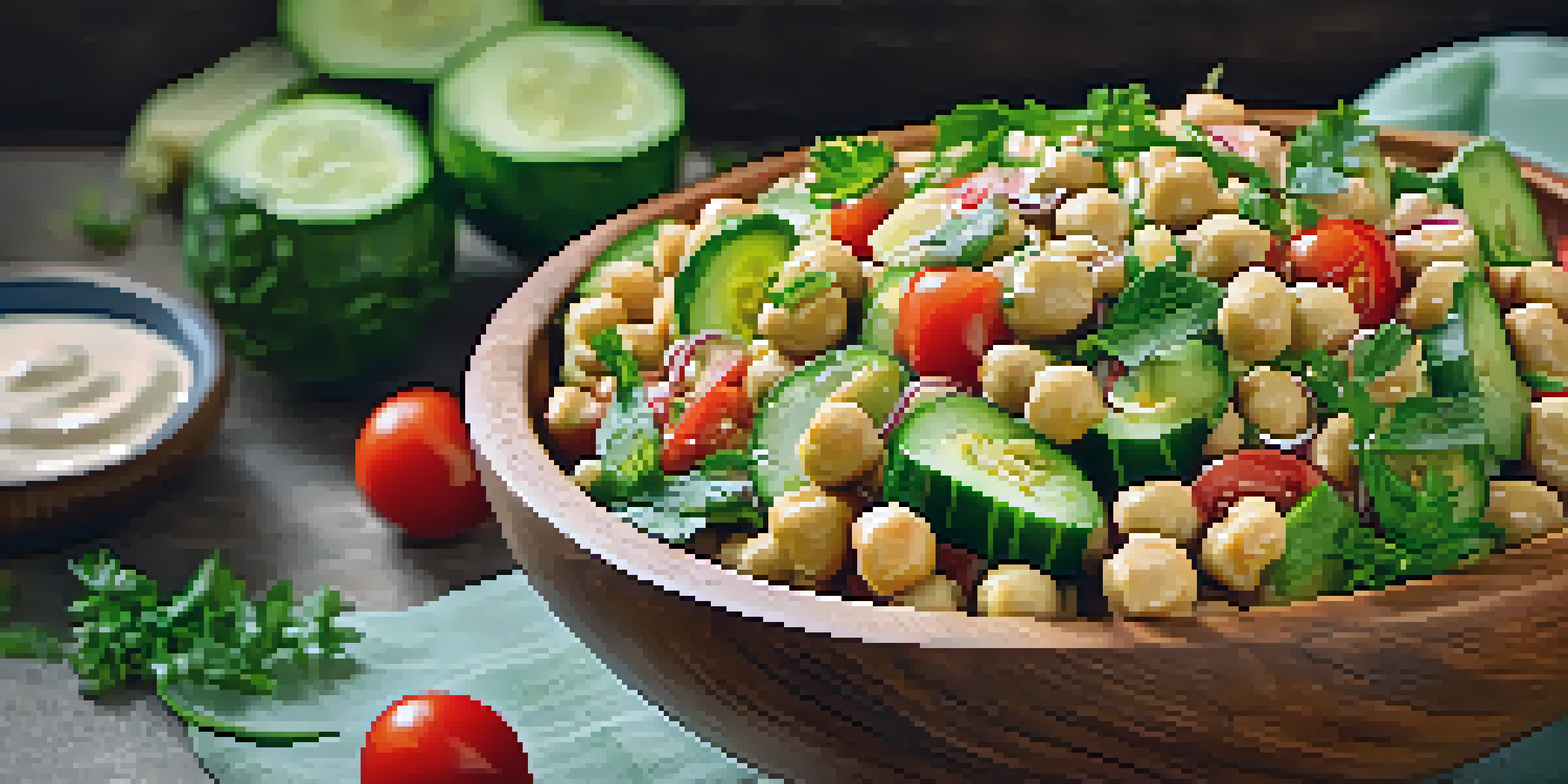 A colorful chickpea salad in a wooden bowl with cucumbers and tomatoes, dressed with lemon-tahini, set in a warmly lit kitchen.