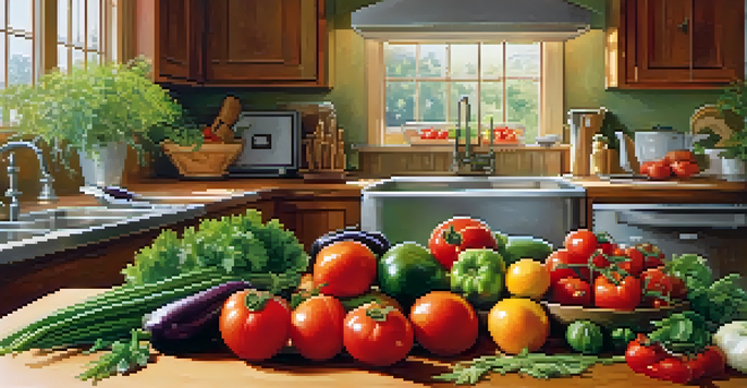 A bright kitchen countertop filled with colorful seasonal vegetables and fruits, warm lighting creating a cozy atmosphere.