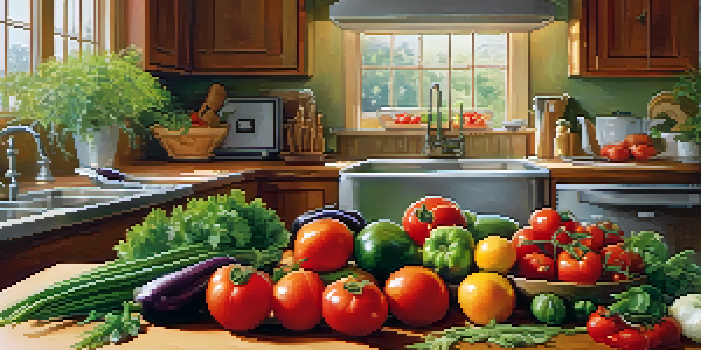 A bright kitchen countertop filled with colorful seasonal vegetables and fruits, warm lighting creating a cozy atmosphere.