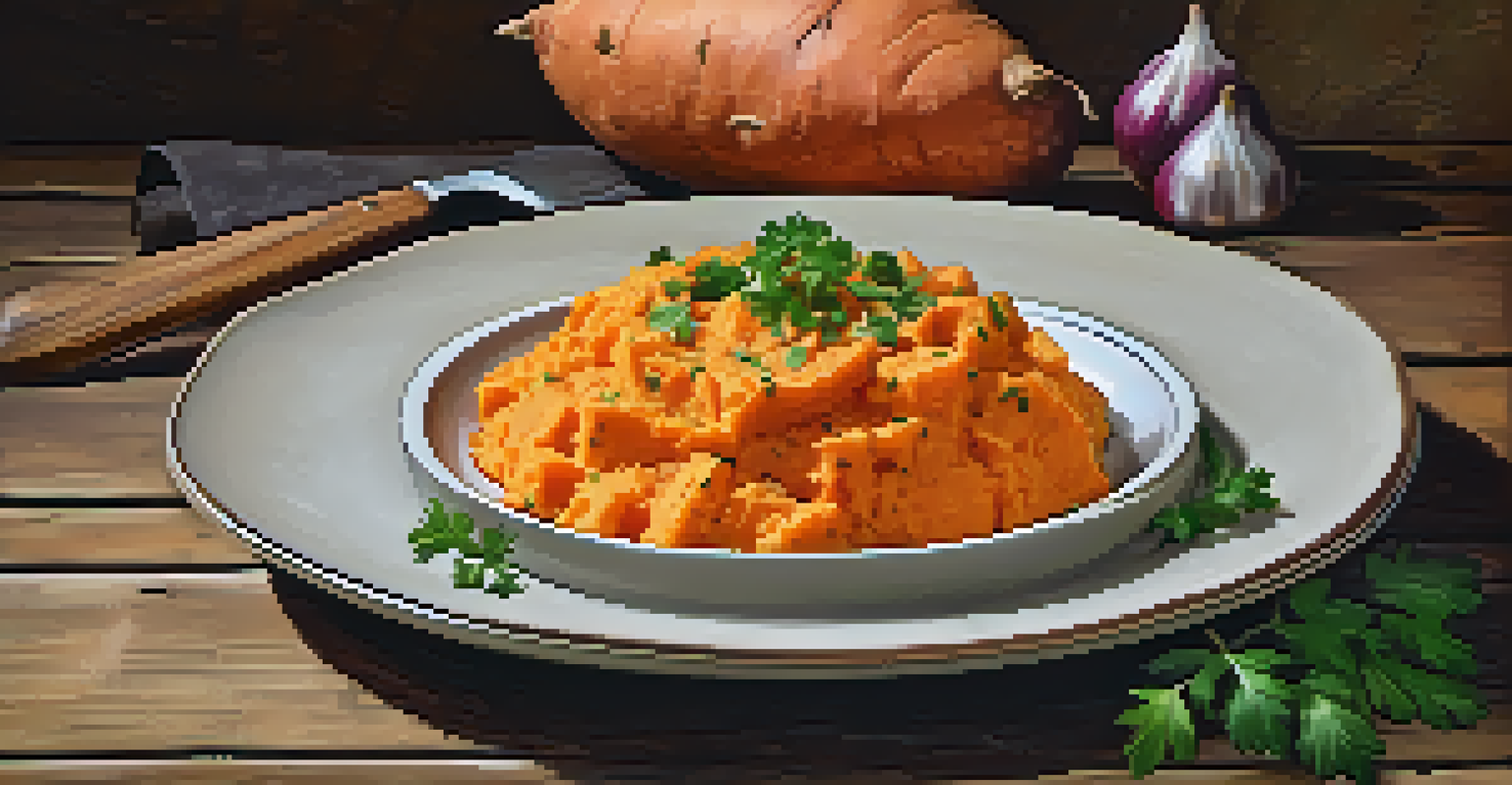 A plate of mashed sweet potatoes with olive oil and parsley on a rustic wooden table.