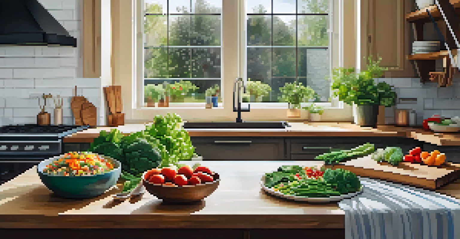 A modern kitchen with a beautifully arranged vegetarian meal on a wooden table, surrounded by fresh ingredients.