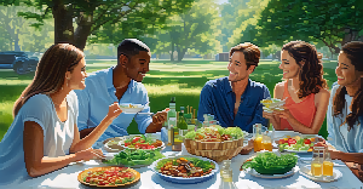 A group of people enjoying a vegetarian picnic surrounded by nature, with a table full of colorful dishes.