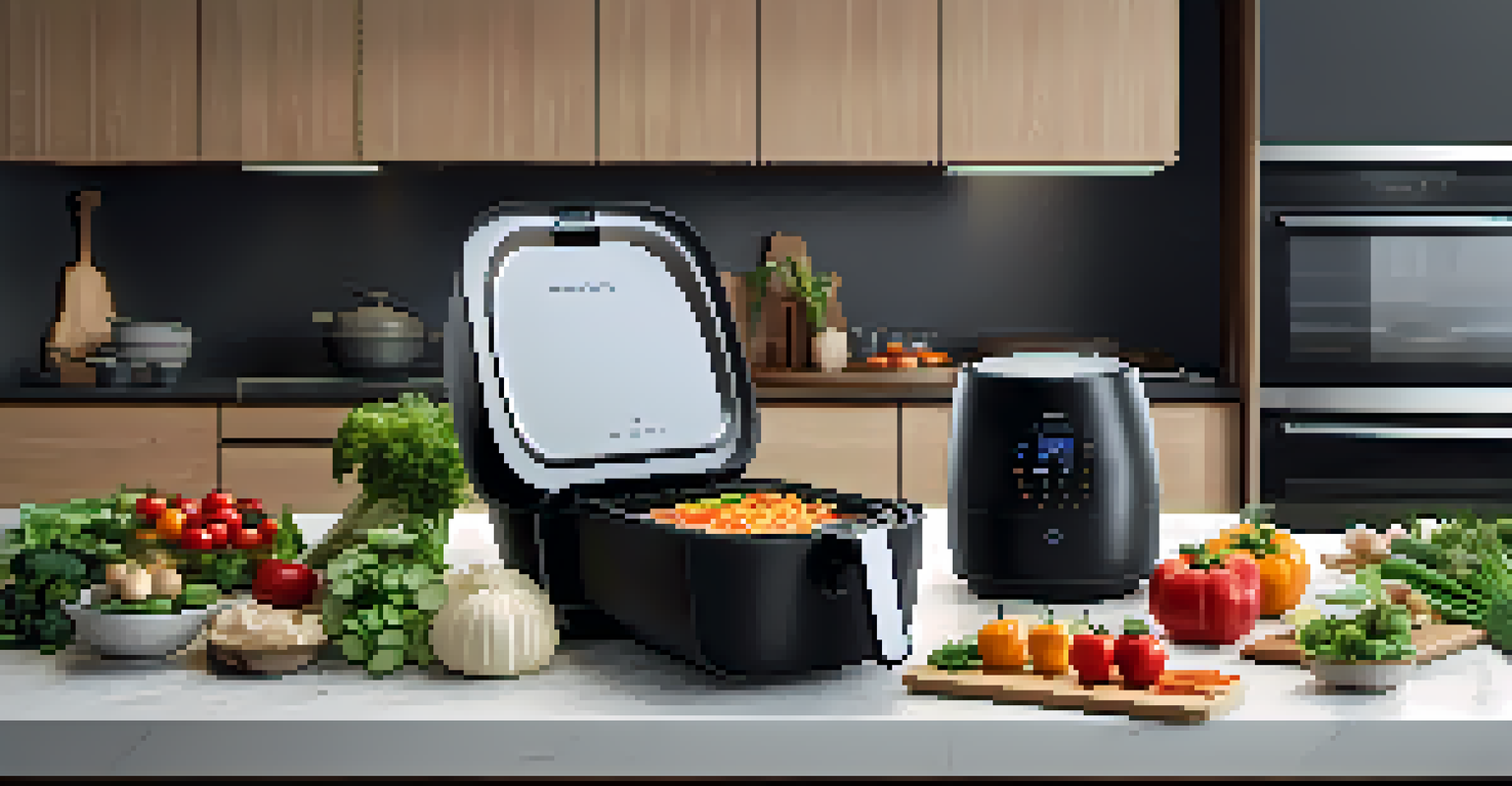 A modern kitchen with smart appliances like an air fryer and an instant pot, fresh vegetables, and an open recipe book, illuminated by warm lighting.