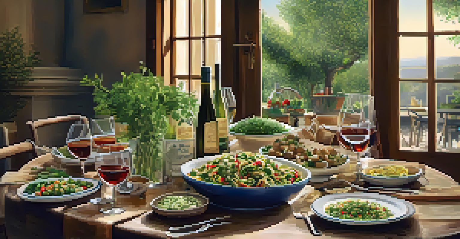 A rustic dining table with various vegetarian dishes, fresh herbs, and candlelight for a family meal.