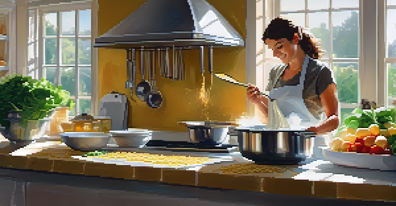 A person preparing a creamy lasagna in a bright kitchen, with fresh ingredients visible on the counter.