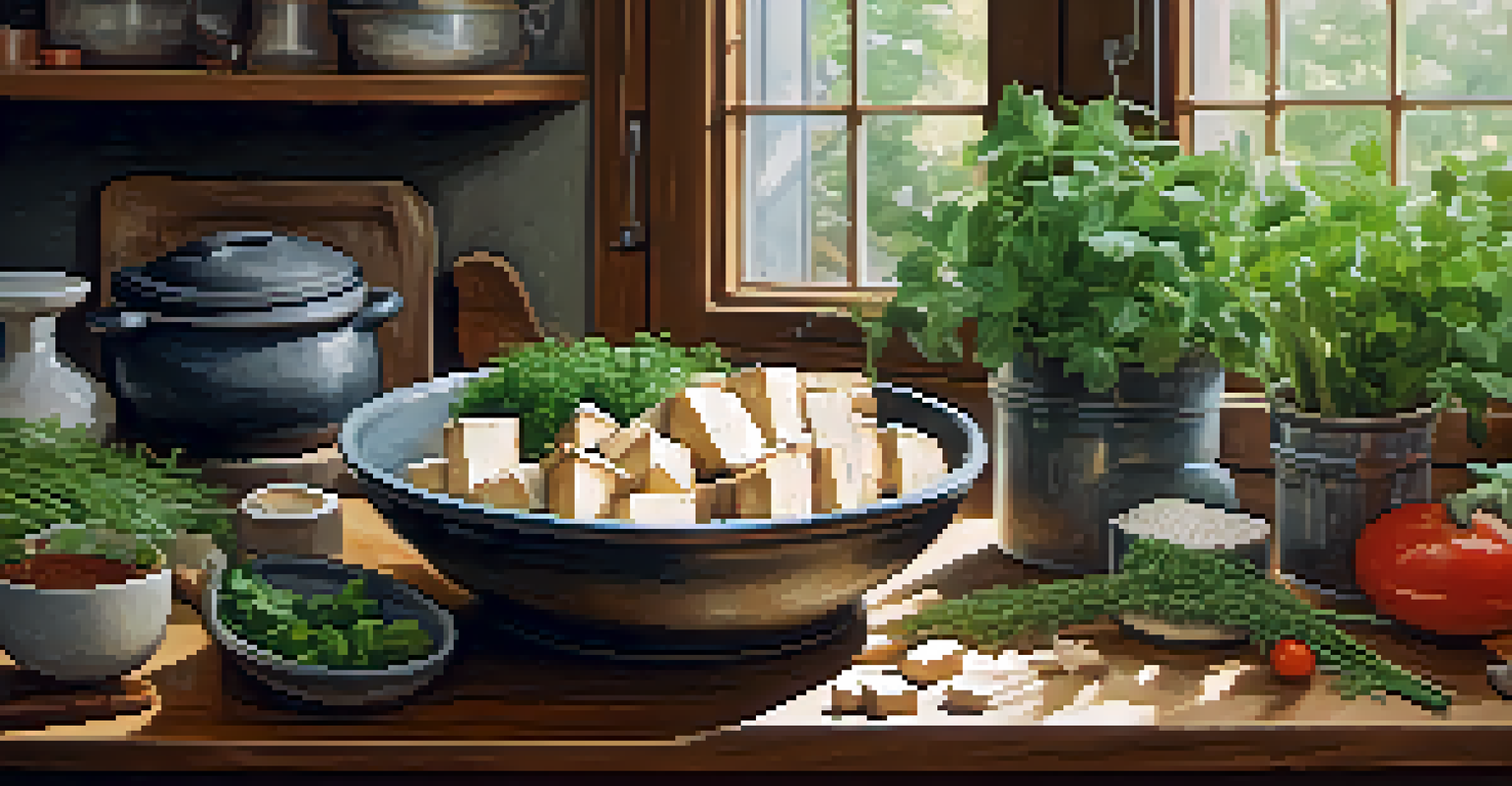 A rustic kitchen countertop with marinating tofu and tempeh, alongside fresh herbs and vegetables, illuminated by soft natural light.